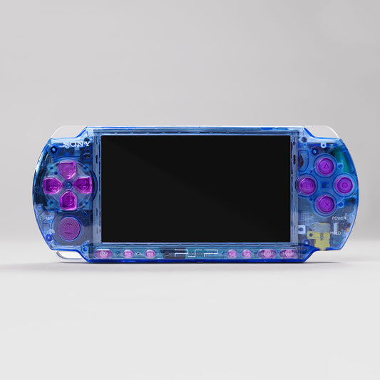 Front view of a custom Sony PSP with a blue transparent shell and pastel pink buttons, showcasing a vibrant and modded handheld console