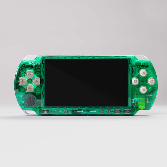 Front view of a custom Sony PSP with a green transparent shell and white buttons, showcasing a modded handheld console with a vibrant design