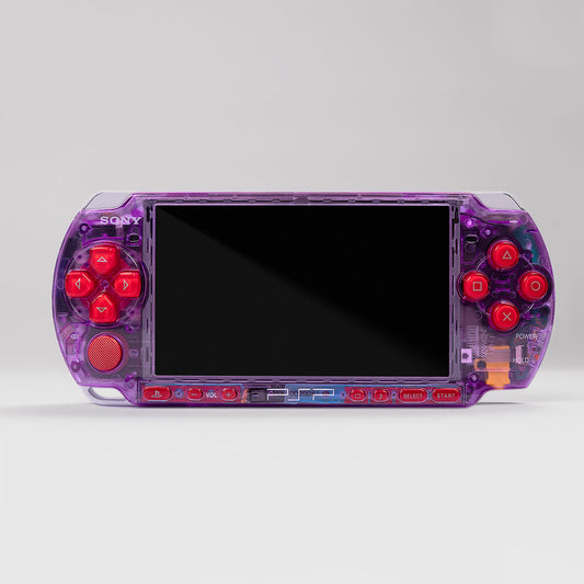 Front view of a custom Sony PSP with a purple transparent shell and red buttons, showcasing a unique modded handheld console design