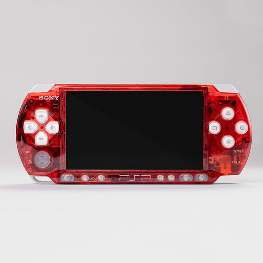 Transparent red Sony PSP 3000 handheld console with white buttons  custom mod shell replacement for PlayStation Portable