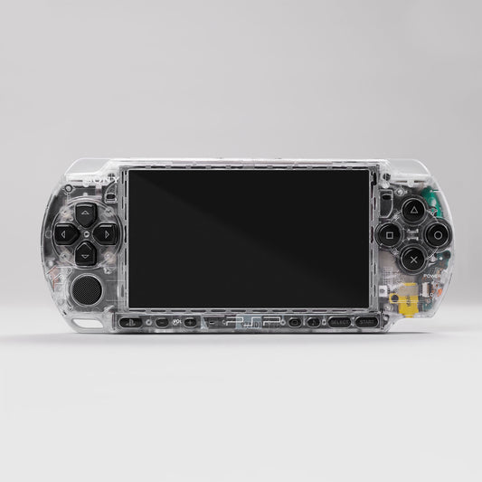 Front view of a transparent Sony PSP handheld gaming console with visible internal components and classic control buttons
